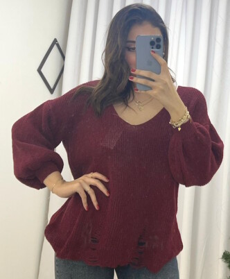Elegant V Yaka Karpuz Kol Bordo Örgü Triko Kazak - 1