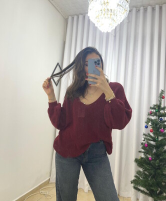 Elegant V Yaka Karpuz Kol Bordo Örgü Triko Kazak - 2