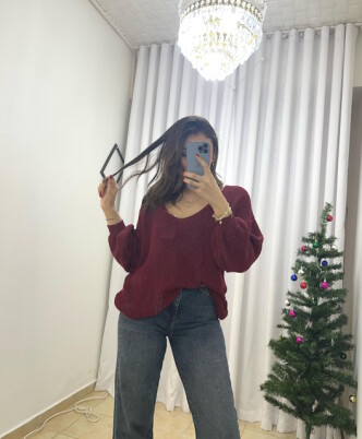 Elegant V Yaka Karpuz Kol Bordo Örgü Triko Kazak - 3