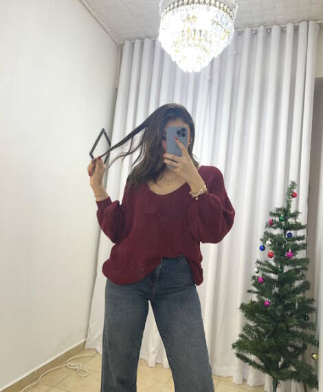 Elegant V Yaka Karpuz Kol Bordo Örgü Triko Kazak - 3