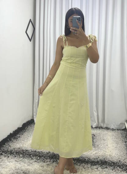 Fırfırlı Vual Midi Elbise – Butter Yellow (Pastel Sarı) - 1