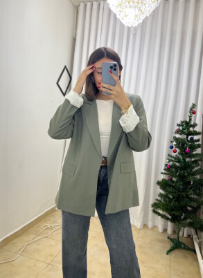 Oversize Poliviskon Haki Ceket – Kolları Kıvrılabilir Şık Tasarım - 1