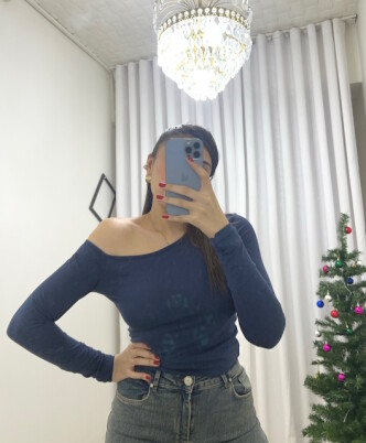 Şık Düşük Omuz Indigo Bluz – Lacivert - 1