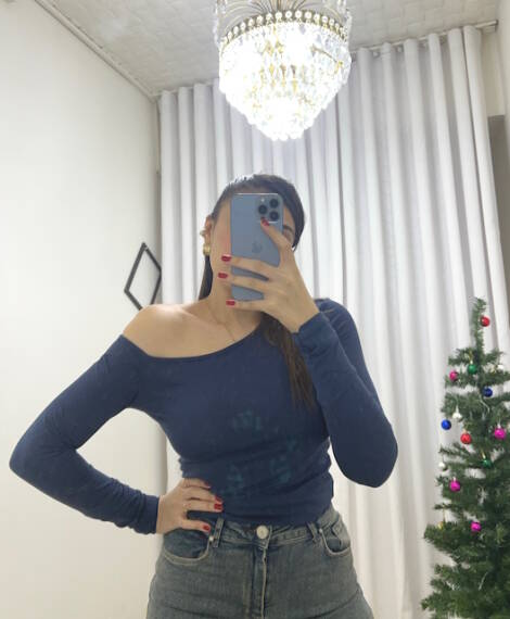Şık Düşük Omuz Indigo Bluz – Lacivert - 1
